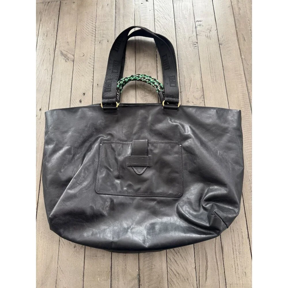 Black Leather Tote Bag with Braided Green Handle Clare V - Picture 2 of 9